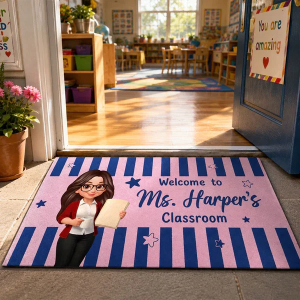 Personalized Standard Doormat With Standing Cartoon Teacher & Blue Yellow Classroom Design, Unique Teacher Gift - Image 3