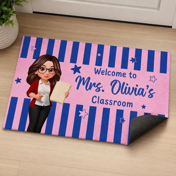 Personalized Standard Doormat With Standing Cartoon Teacher & Blue Yellow Classroom Design, Unique Teacher Gift - Image 5