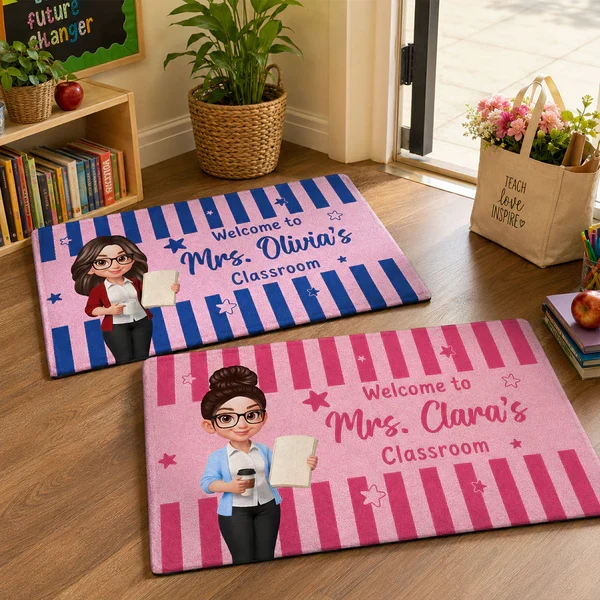 Personalized Standard Doormat With Standing Cartoon Teacher & Blue Yellow Classroom Design, Unique Teacher Gift - Image 6