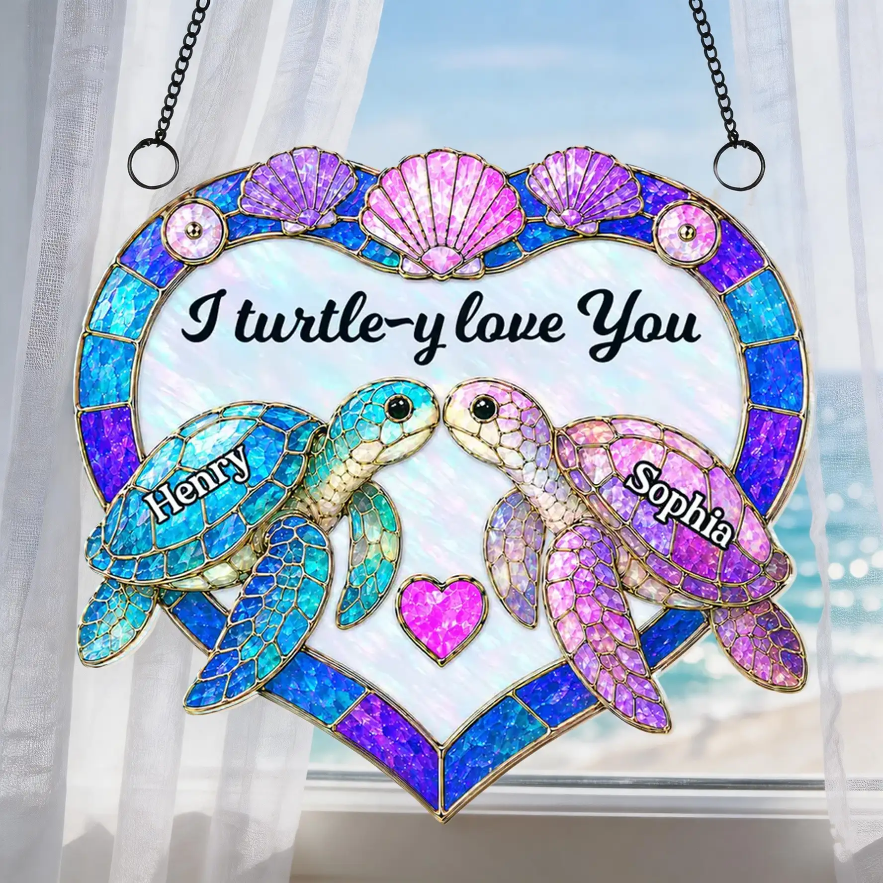 Personalized Acrylic Suncatcher Ornament, Couple Sea Turtles, Unique Gift for Anniversary Window Decor