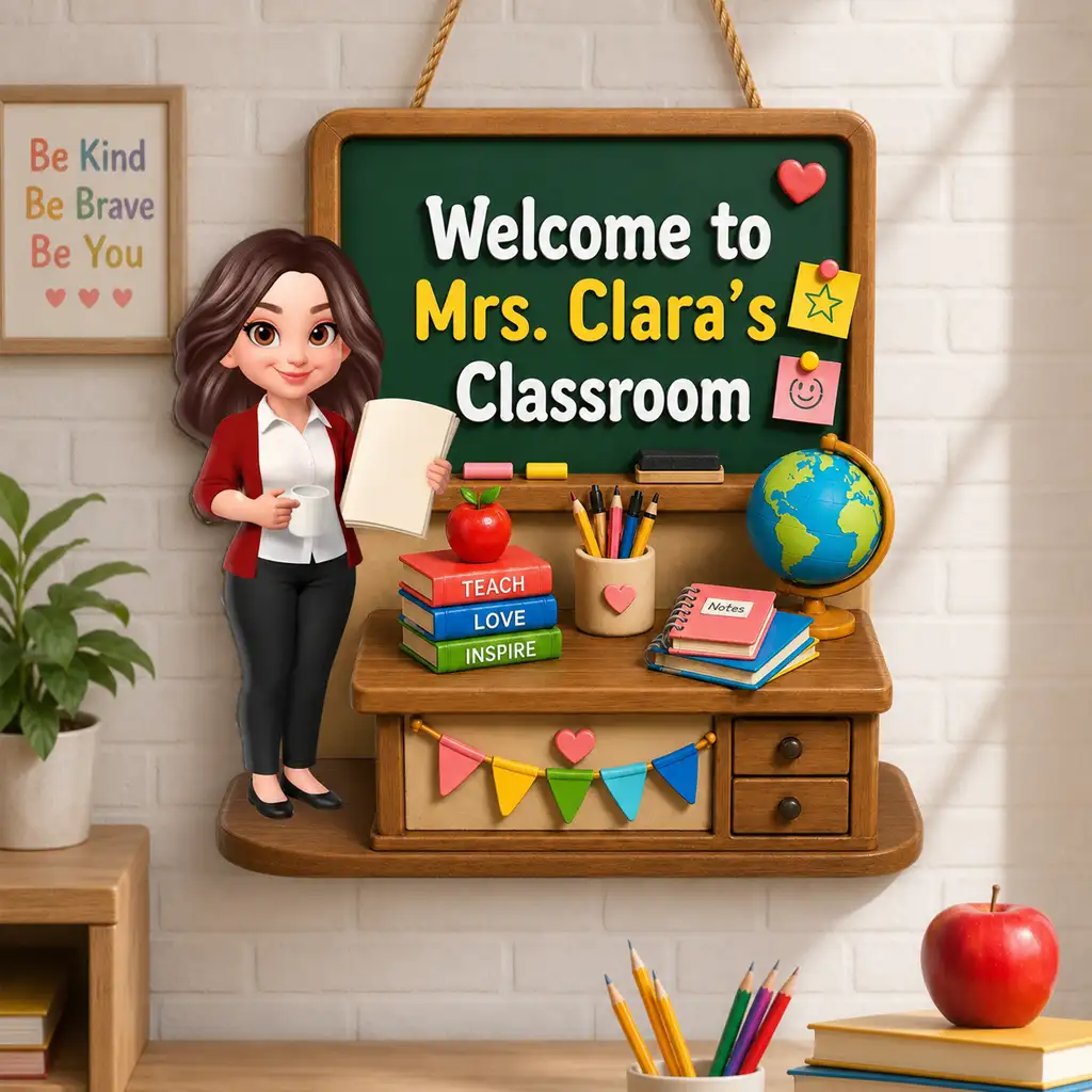Personalized Wooden Sign with Standing Cartoon Teacher, Green Board Classroom Decor, Unique Teacher Gift