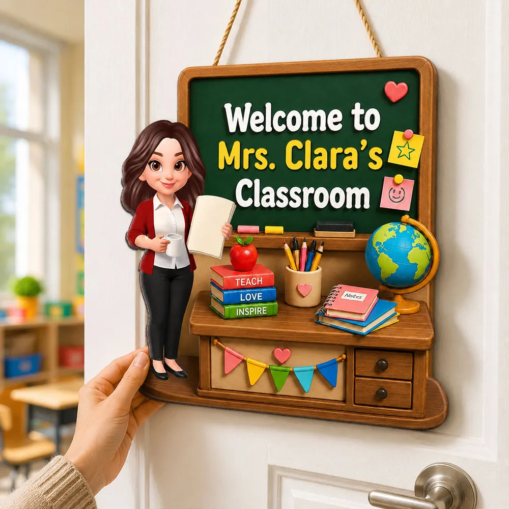 Personalized Wooden Sign with Standing Cartoon Teacher, Green Board Classroom Decor, Unique Teacher Gift - Image 2