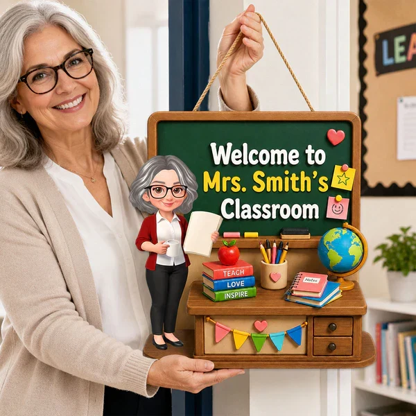 Personalized Wooden Sign with Standing Cartoon Teacher, Green Board Classroom Decor, Unique Teacher Gift - Image 3