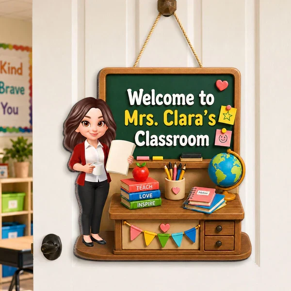 Personalized Wooden Sign with Standing Cartoon Teacher, Green Board Classroom Decor, Unique Teacher Gift - Image 7
