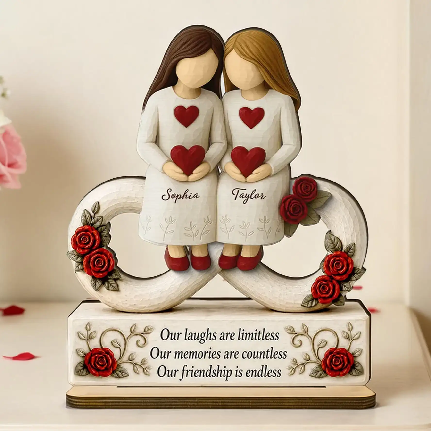 Personalized 2-Layer Wooden Plaque with Endless Friendship Quote & Roses, Creative Gift for Friend Display