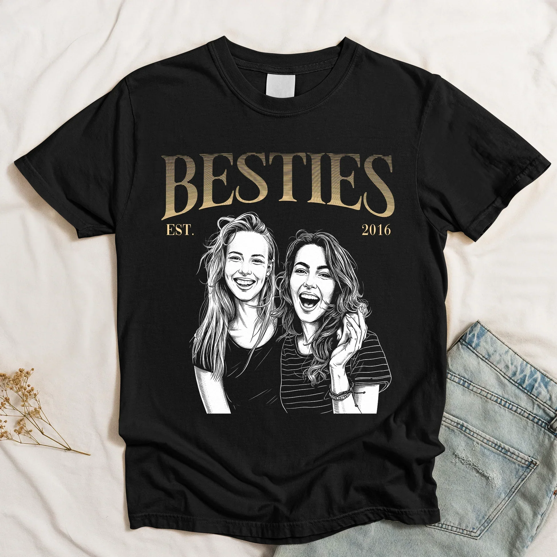 Personalized Classic Tee With Friend Line Art Portraits, Unique Gift For Friends & Everyday Wear - Image 5