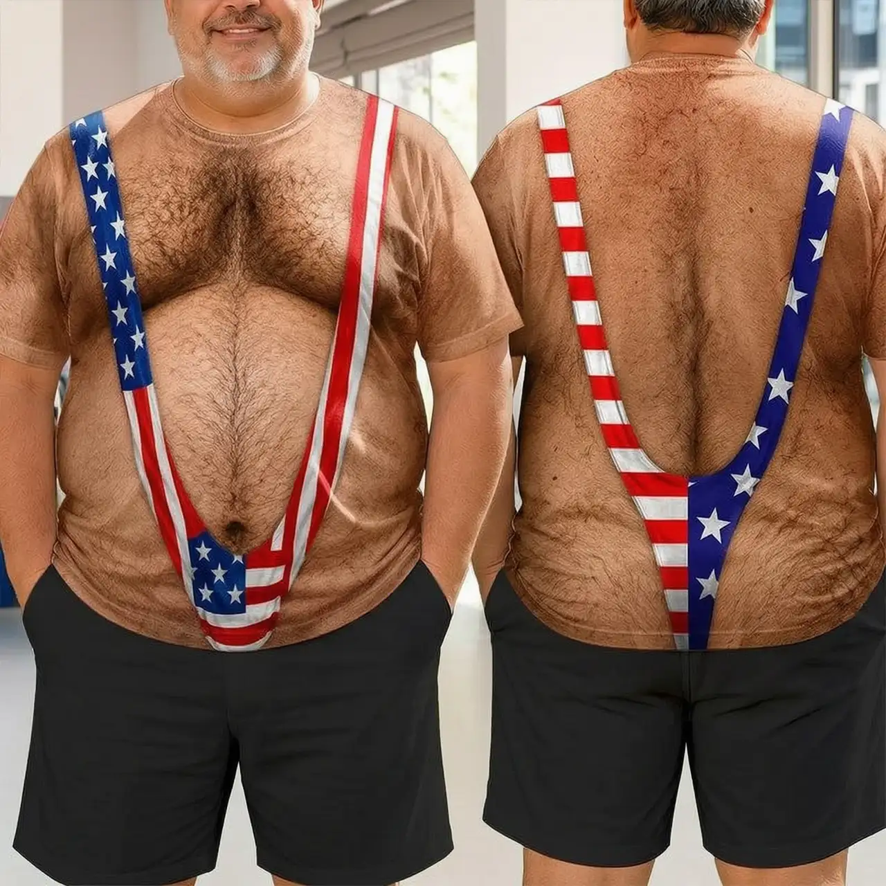 Printed Classic Tee with Patriotic Hairy Body Illusion, Creative Gift for Him & Party Laughs