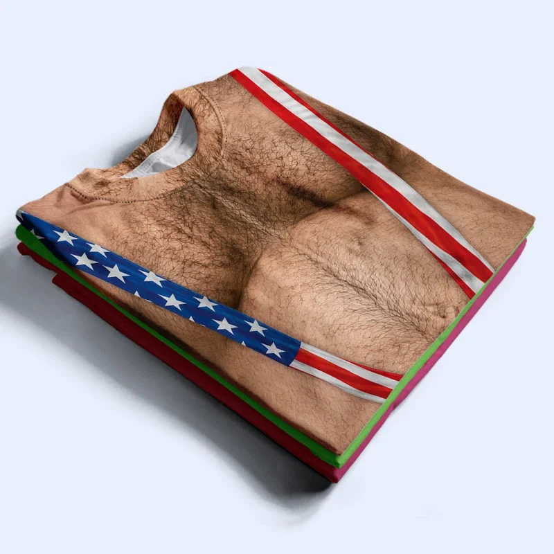 Printed Classic Tee with Patriotic Hairy Body Illusion, Creative Gift for Him & Party Laughs - Image 4