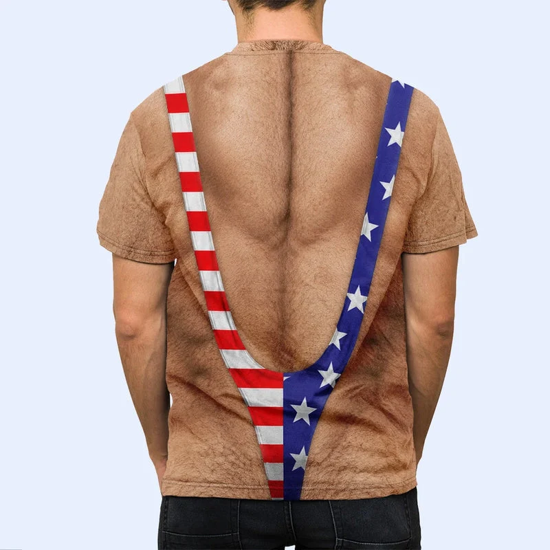 Printed Classic Tee with Patriotic Hairy Body Illusion, Creative Gift for Him & Party Laughs - Image 6