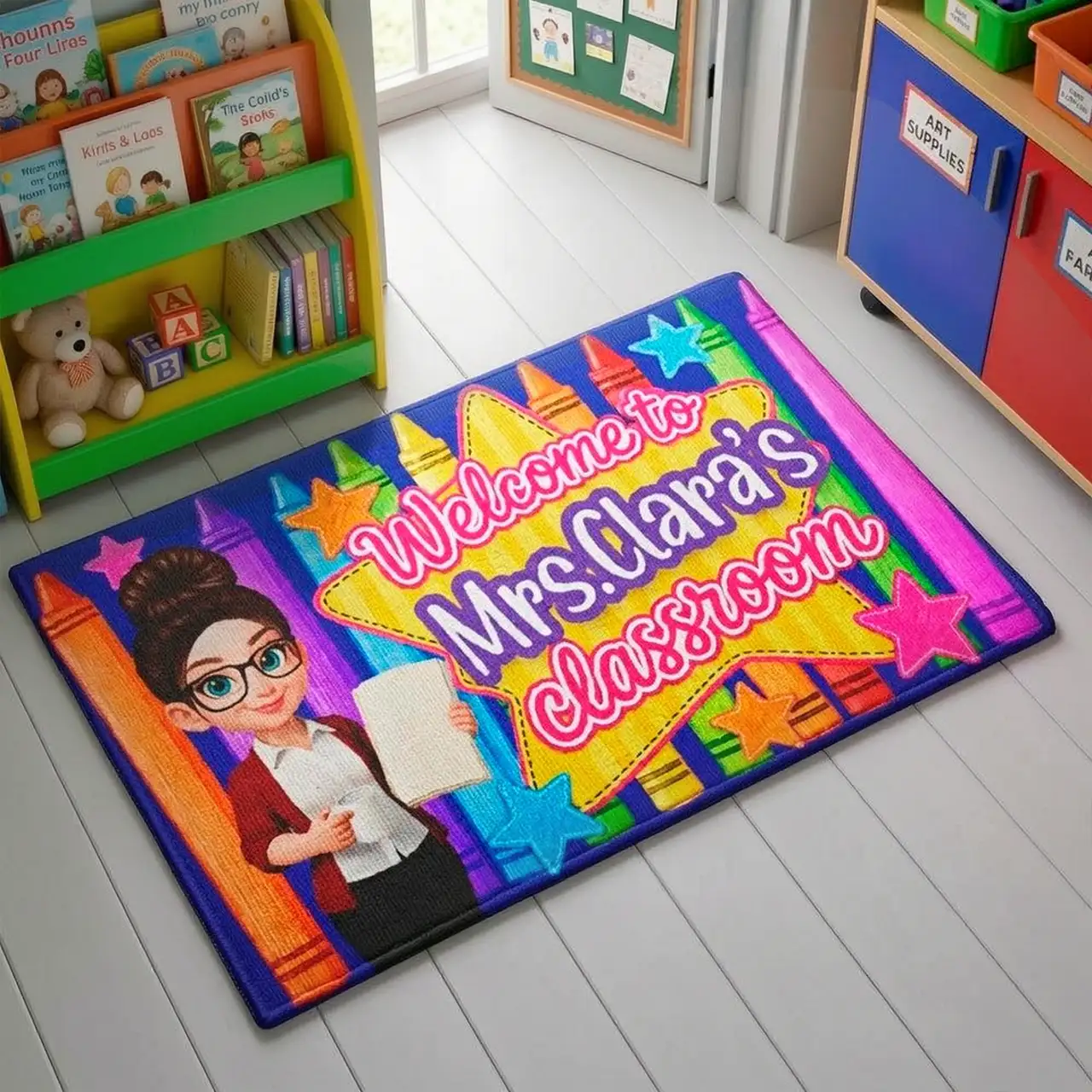 Standard Doormat With Cartoon Teacher & Crayons, Custom Classroom Welcome, Creative Teacher Gift