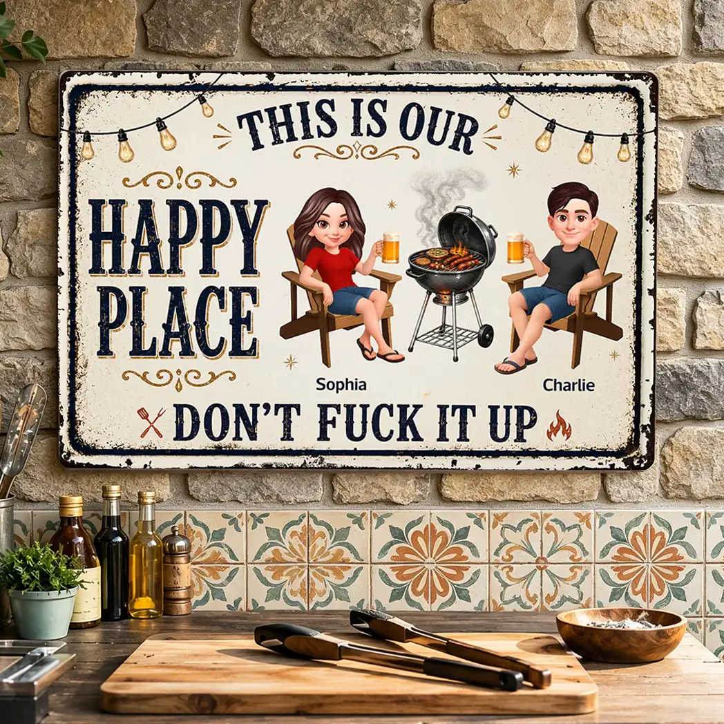Custom Rectangular Iron Sign with Happy Place Quote, Backyard BBQ Scene, Creative Gift for Couples