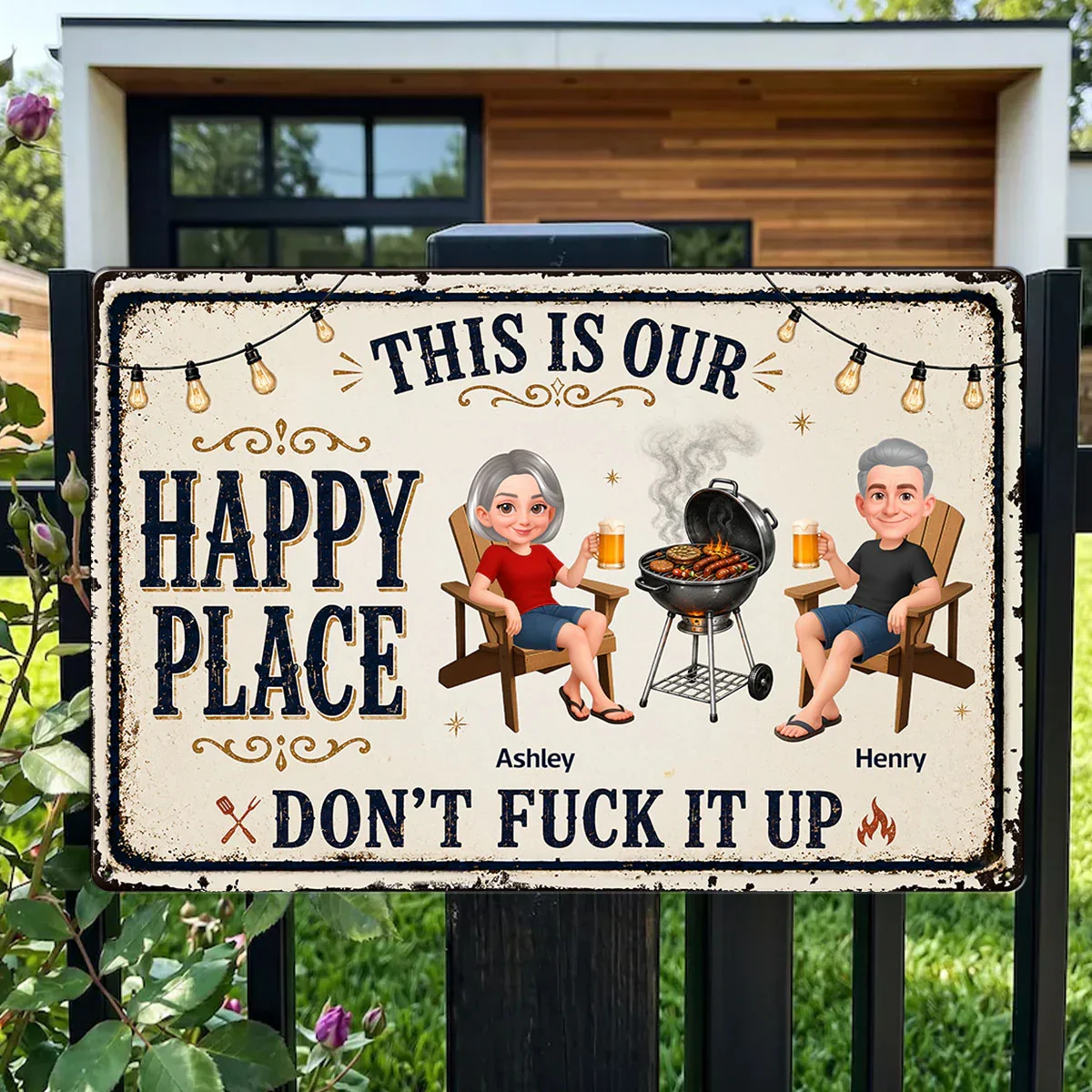 Custom Rectangular Iron Sign with Happy Place Quote, Backyard BBQ Scene, Creative Gift for Couples - Image 2