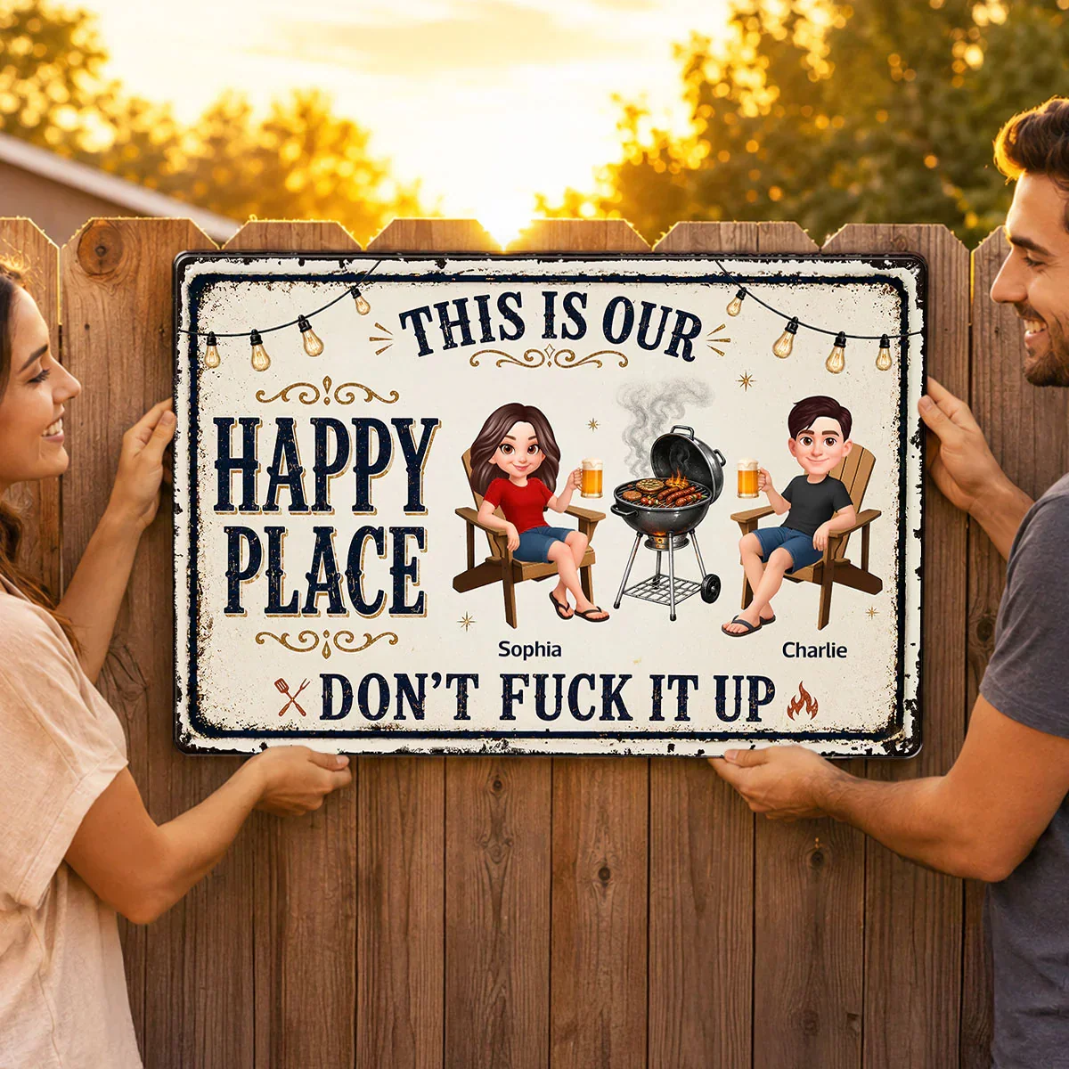 Custom Rectangular Iron Sign with Happy Place Quote, Backyard BBQ Scene, Creative Gift for Couples - Image 3