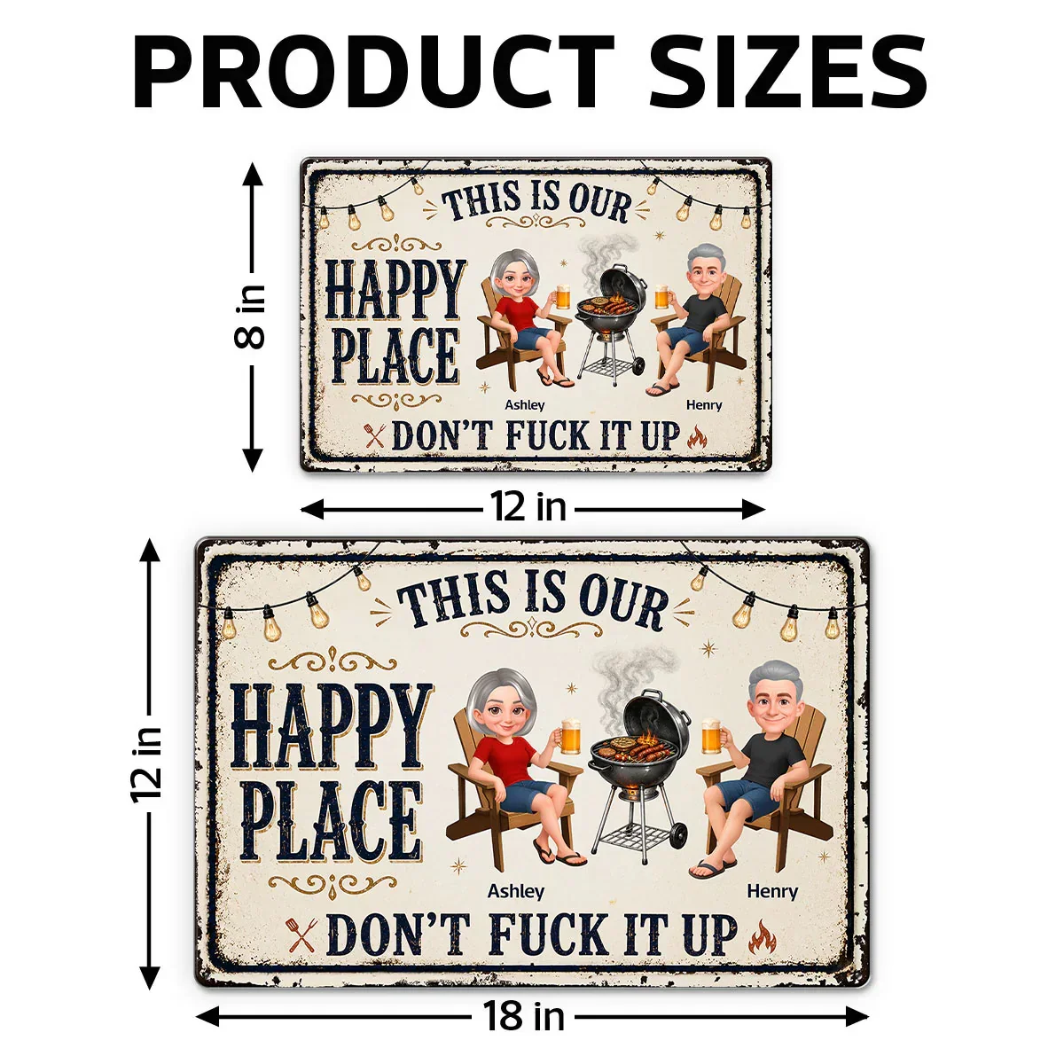 Custom Rectangular Iron Sign with Happy Place Quote, Backyard BBQ Scene, Creative Gift for Couples - Image 4