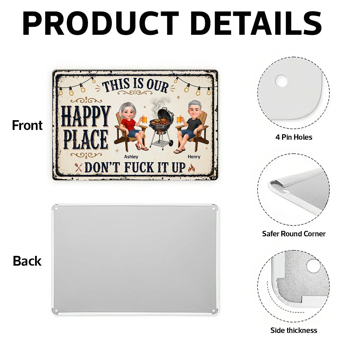 Custom Rectangular Iron Sign with Happy Place Quote, Backyard BBQ Scene, Creative Gift for Couples - Image 5