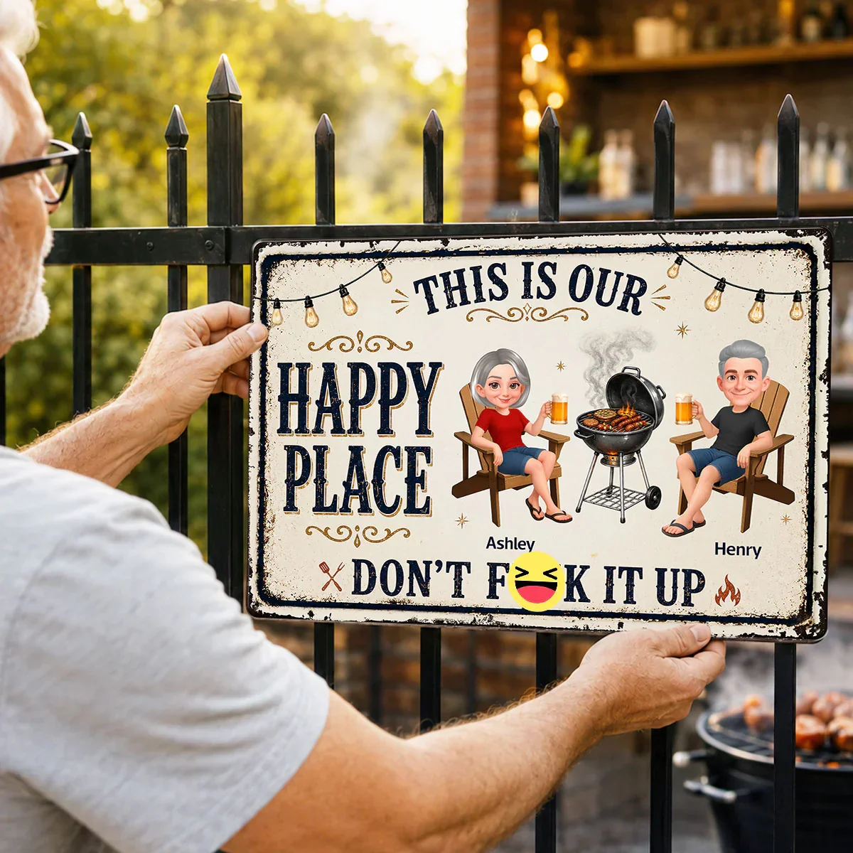 Custom Rectangular Iron Sign with Happy Place Quote, Backyard BBQ Scene, Creative Gift for Couples - Image 6