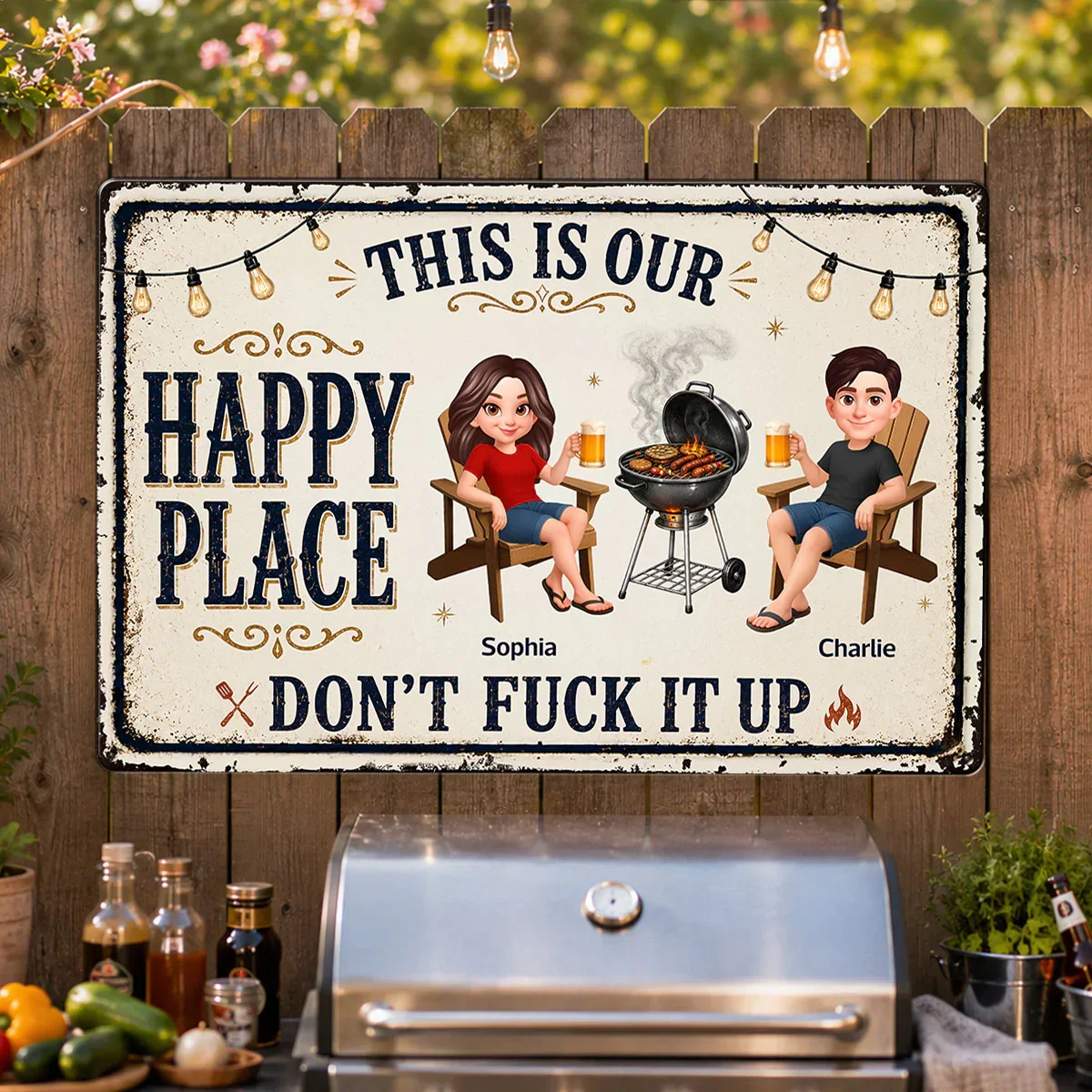 Custom Rectangular Iron Sign with Happy Place Quote, Backyard BBQ Scene, Creative Gift for Couples - Image 7