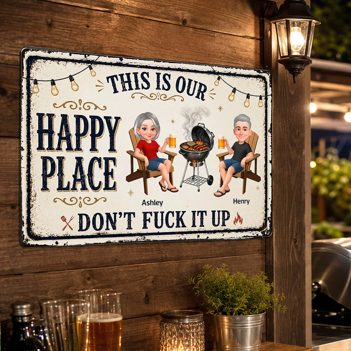 Custom Rectangular Iron Sign with Happy Place Quote, Backyard BBQ Scene, Creative Gift for Couples - Image 8