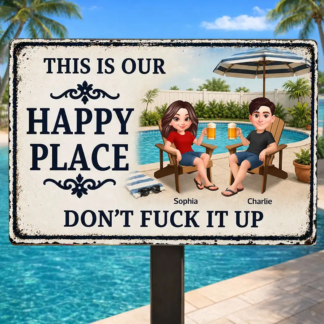 Custom Rectangular Iron Sign, Funny Happy Place Pool Scene, Creative Gift for Backyard Hosts