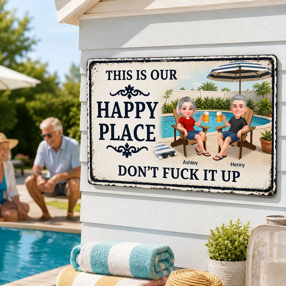 Custom Rectangular Iron Sign, Funny Happy Place Pool Scene, Creative Gift for Backyard Hosts - Image 2