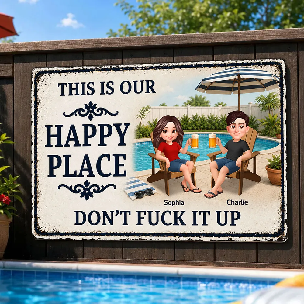 Custom Rectangular Iron Sign, Funny Happy Place Pool Scene, Creative Gift for Backyard Hosts - Image 3