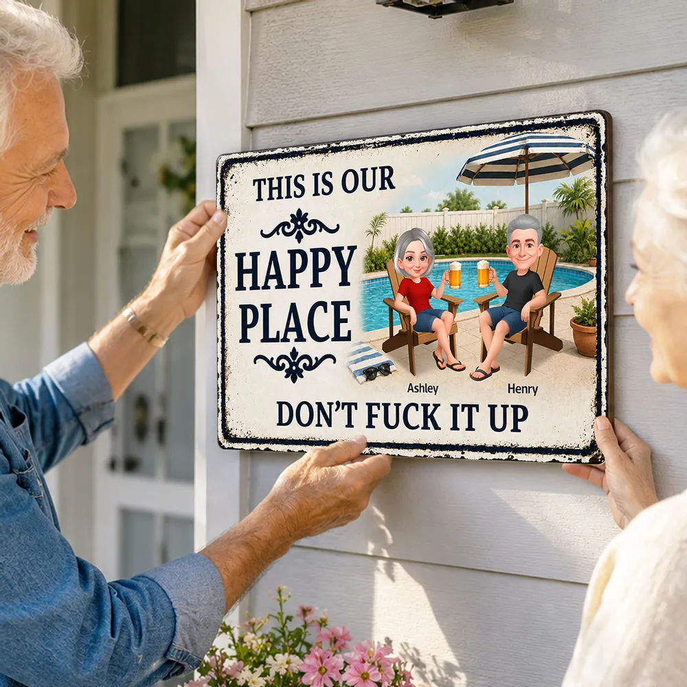 Custom Rectangular Iron Sign, Funny Happy Place Pool Scene, Creative Gift for Backyard Hosts - Image 6