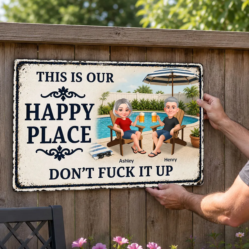 Custom Rectangular Iron Sign, Funny Happy Place Pool Scene, Creative Gift for Backyard Hosts - Image 7