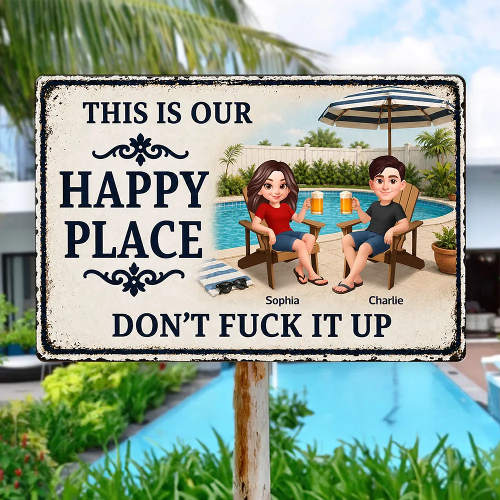Custom Rectangular Iron Sign, Funny Happy Place Pool Scene, Creative Gift for Backyard Hosts - Image 8