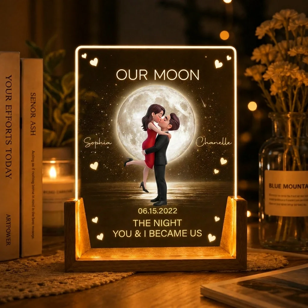 Our Moon Personalized LED Light Frame, Kissing Couple Soft Glow Keepsake, Creative Gift for Couple