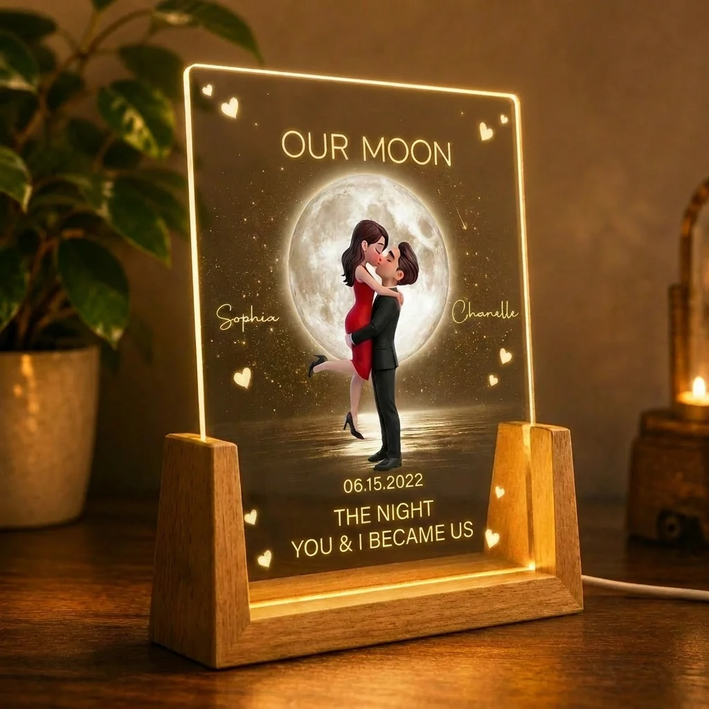 Our Moon Personalized LED Light Frame, Kissing Couple Soft Glow Keepsake, Creative Gift for Couple - Image 2
