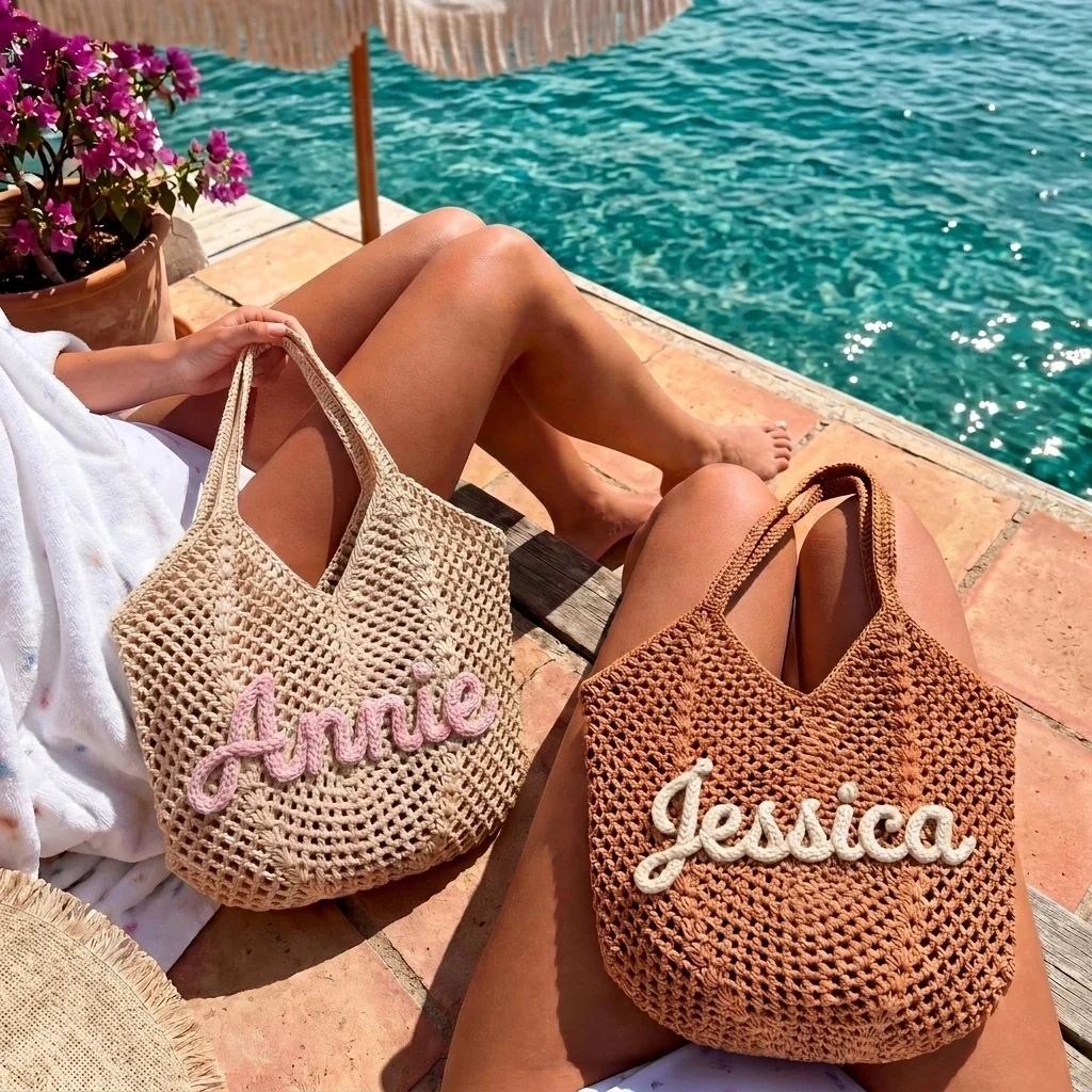 Personalized Embroidered Crochet Tote Bag for Her, Custom Name Beach Carryall, Summer Gift for Friends