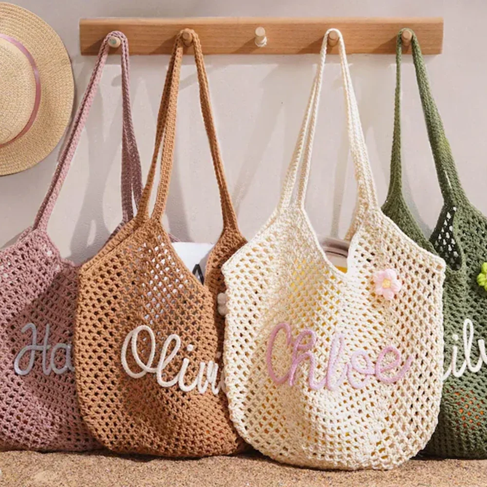 Personalized Embroidered Crochet Tote Bag for Her, Custom Name Beach Carryall, Summer Gift for Friends - Image 2