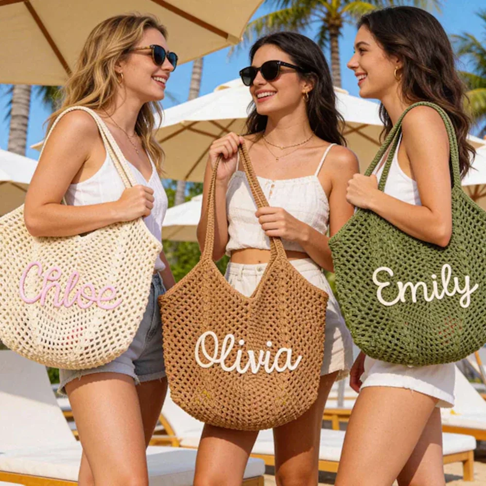 Personalized Embroidered Crochet Tote Bag for Her, Custom Name Beach Carryall, Summer Gift for Friends - Image 3