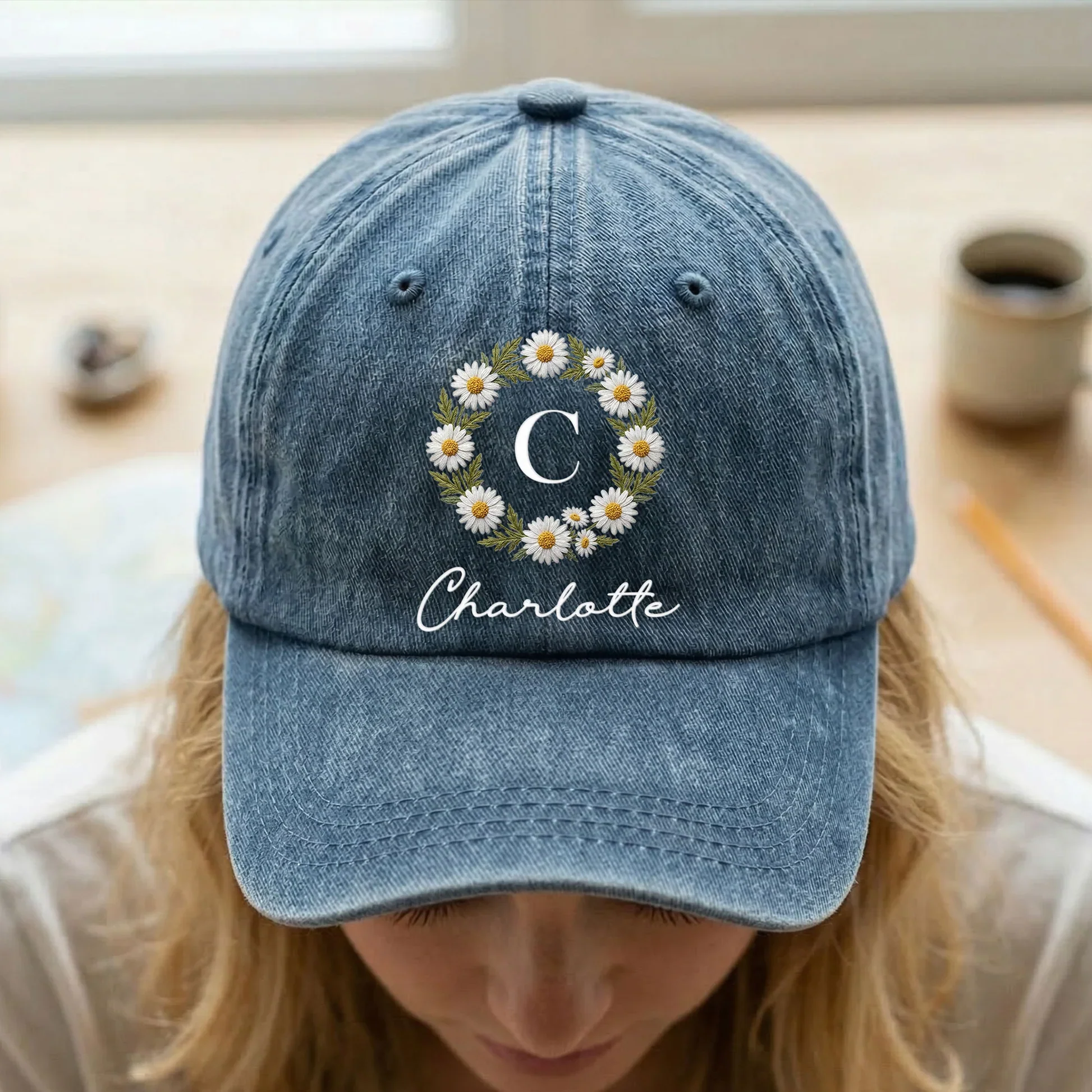 Washed Denim Baseball Cap With Custom Floral Design - Relaxed Everyday Gift For Mom Or Friend - Image 2