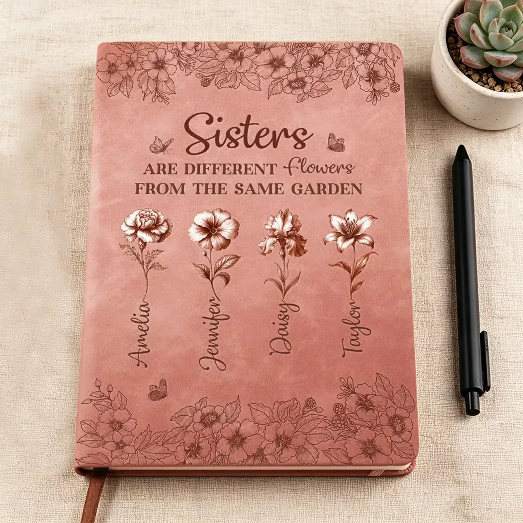 Personalized Sisters Leather Journal, Dusty Rose Flowers, Same Garden Quote, Unique Gift for Sister