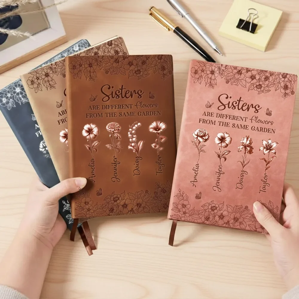 Personalized Sisters Leather Journal, Dusty Rose Flowers, Same Garden Quote, Unique Gift for Sister - Image 3
