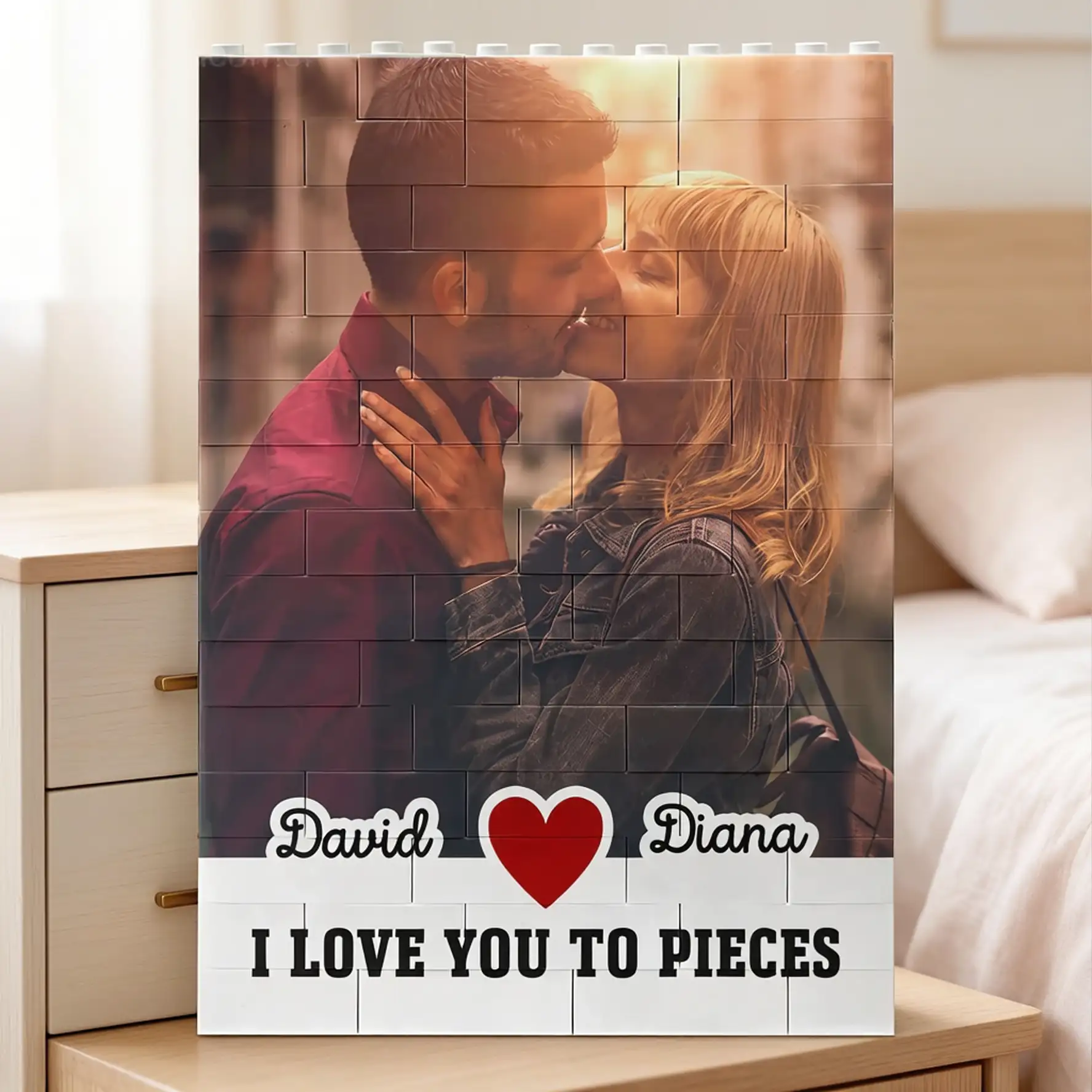 Personalized ABS Building Brick Puzzle with Kissing Couple Photo, I Love You To Pieces Unique Gift