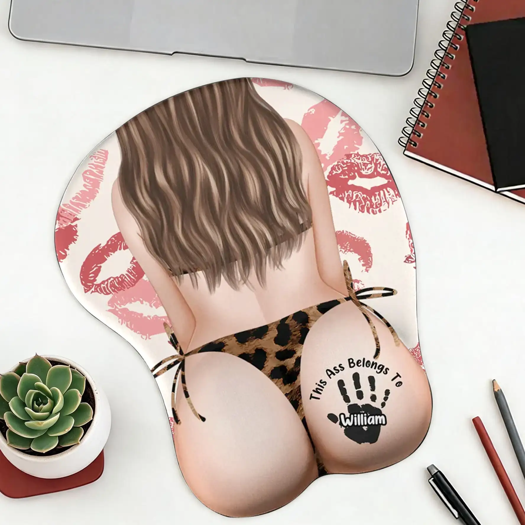 Personalized Mouse Pad With Cheeky Back Pose, Lip Print Design, Unique Gift For Husband Or Boyfriend