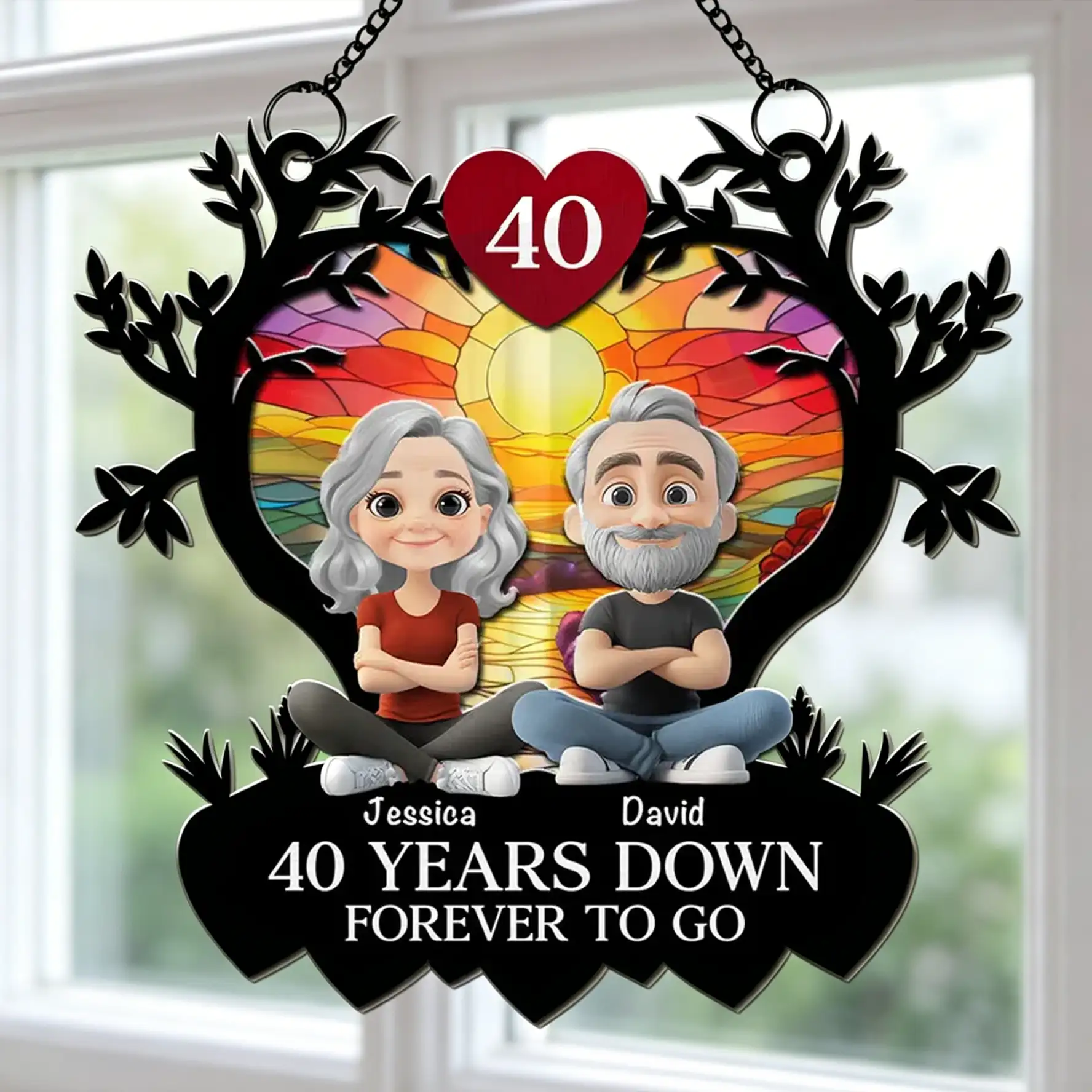 Personalized Wood and Acrylic Layered Ornament, Sitting Couple Sunrise, Unique Anniversary Gift
