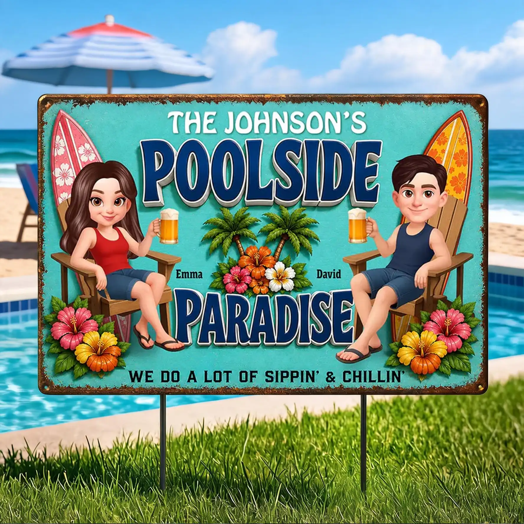 Rectangular Iron Sign, Custom Poolside Paradise With Lounging Couple, Unique Gift For Pool Lovers