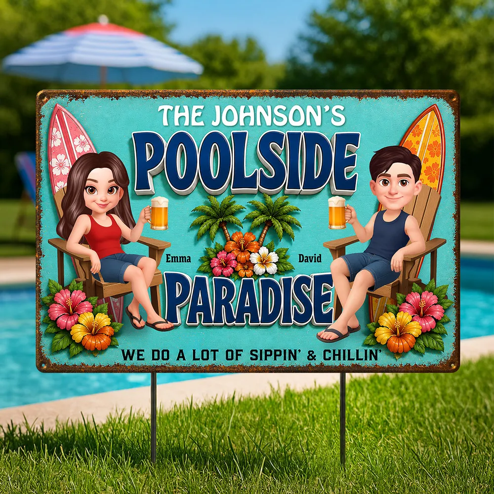 Rectangular Iron Sign, Custom Poolside Paradise With Lounging Couple, Unique Gift For Pool Lovers - Image 2