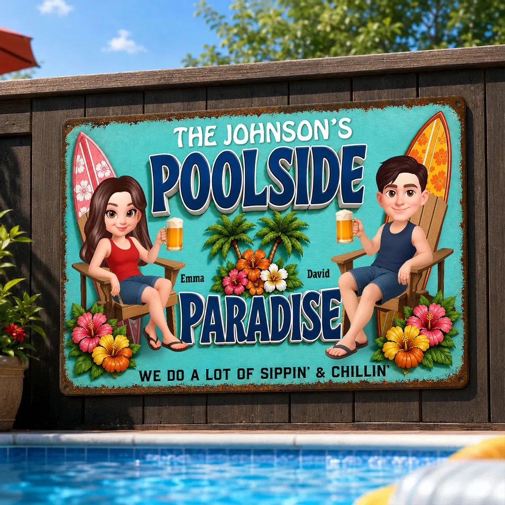 Rectangular Iron Sign, Custom Poolside Paradise With Lounging Couple, Unique Gift For Pool Lovers - Image 3