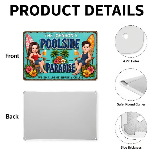 Rectangular Iron Sign, Custom Poolside Paradise With Lounging Couple, Unique Gift For Pool Lovers - Image 6