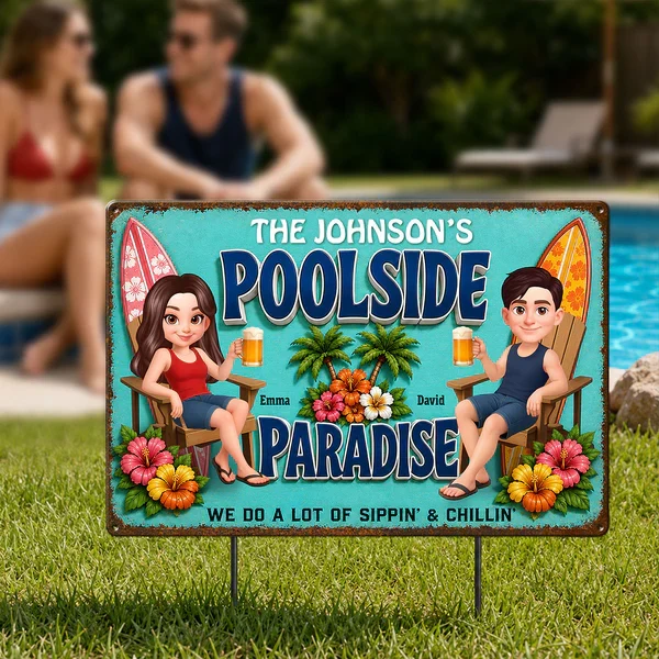 Rectangular Iron Sign, Custom Poolside Paradise With Lounging Couple, Unique Gift For Pool Lovers - Image 8