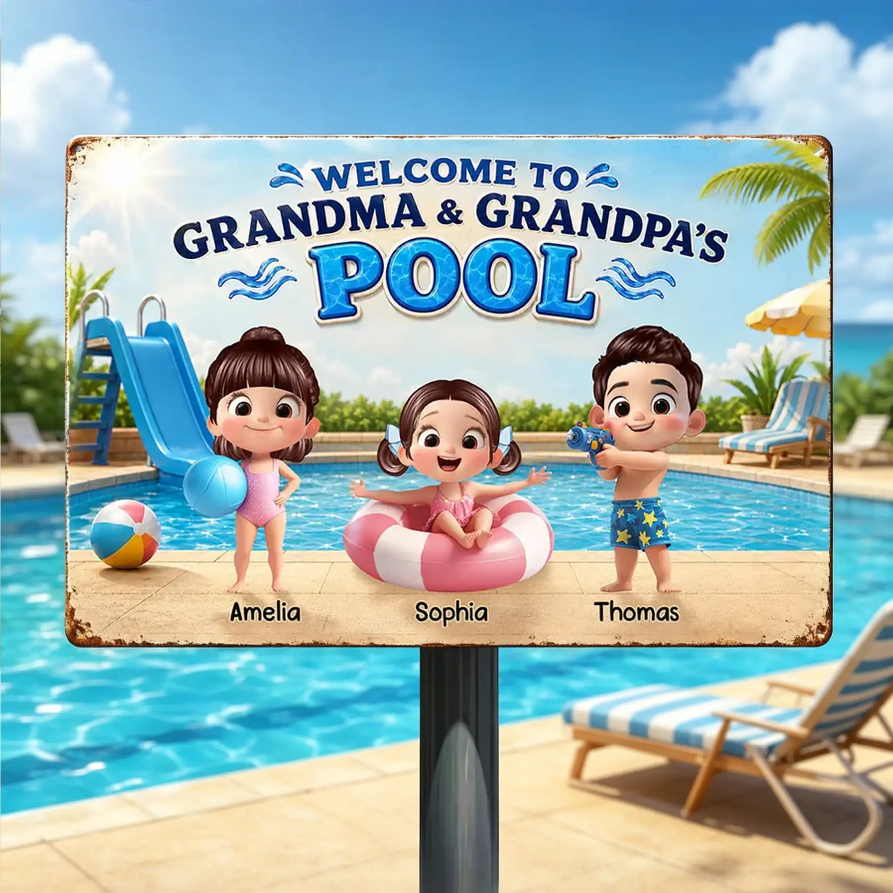 Personalized Rectangular Iron Sign, Kids Playing by Sunny Pool, Unique Gift for Grandma & Grandpa