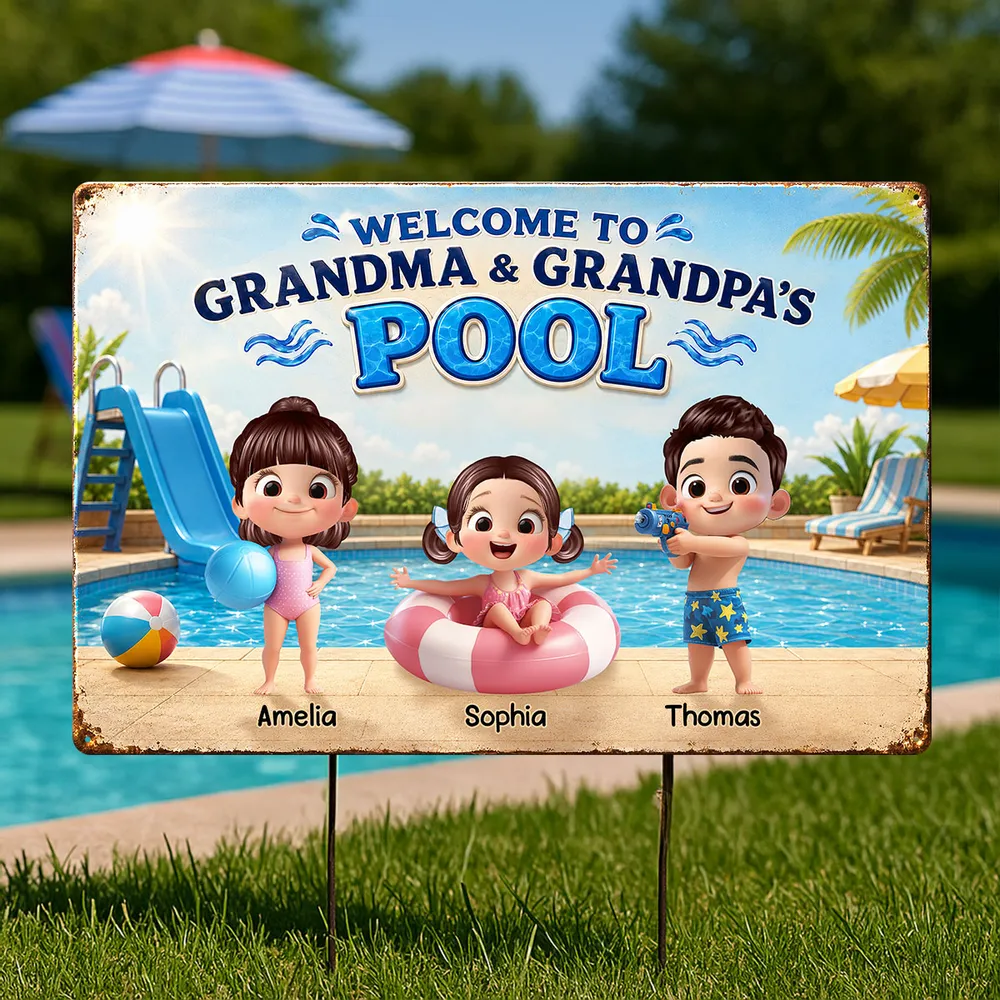 Personalized Rectangular Iron Sign, Kids Playing by Sunny Pool, Unique Gift for Grandma & Grandpa - Image 2