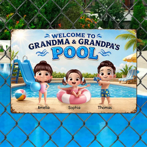Personalized Rectangular Iron Sign, Kids Playing by Sunny Pool, Unique Gift for Grandma & Grandpa - Image 3