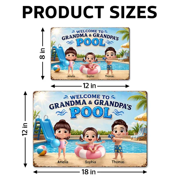 Personalized Rectangular Iron Sign, Kids Playing by Sunny Pool, Unique Gift for Grandma & Grandpa - Image 4