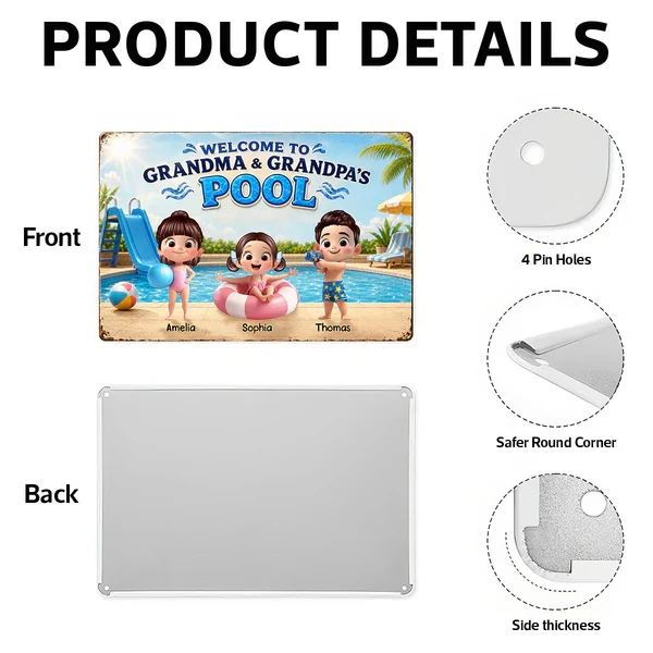 Personalized Rectangular Iron Sign, Kids Playing by Sunny Pool, Unique Gift for Grandma & Grandpa - Image 5