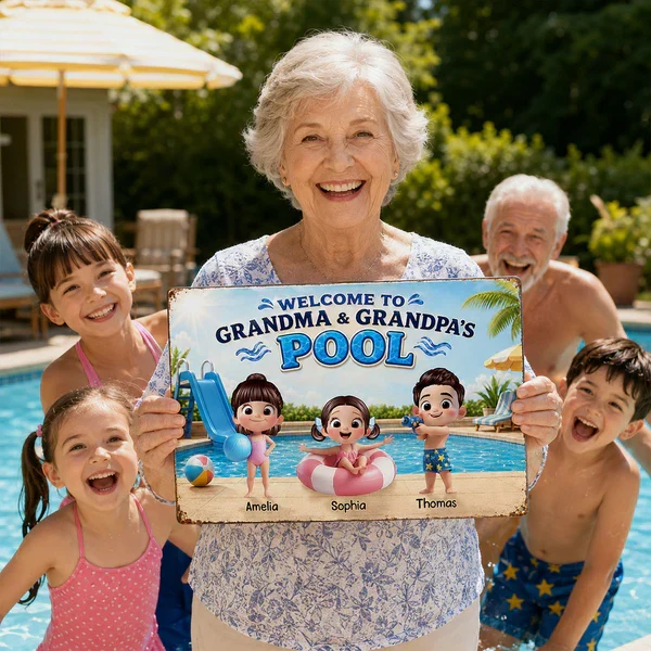 Personalized Rectangular Iron Sign, Kids Playing by Sunny Pool, Unique Gift for Grandma & Grandpa - Image 6